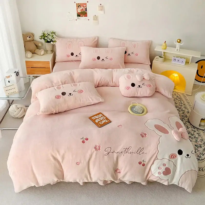 Pink cartoon rabbit applique bedding set with soft plush fabric and embroidered decorbites cartoon rabbit design