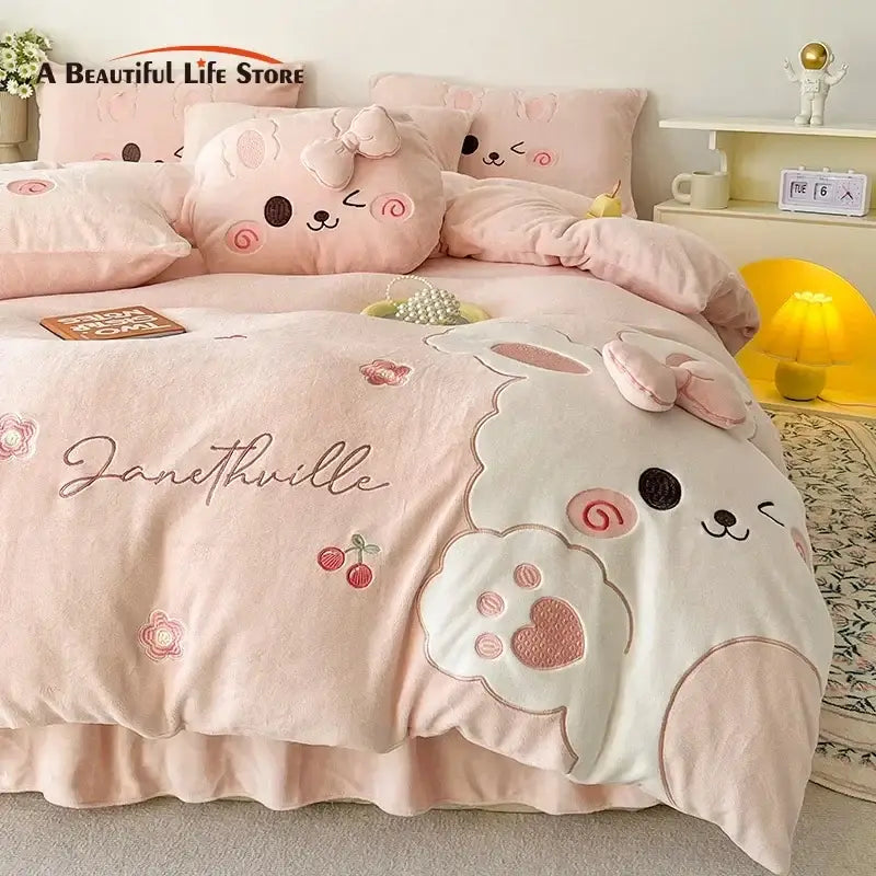 Pink plush bedding set with embroidered cartoon rabbit applique, bear faces, and cherry details for bedroom decorbites comfort