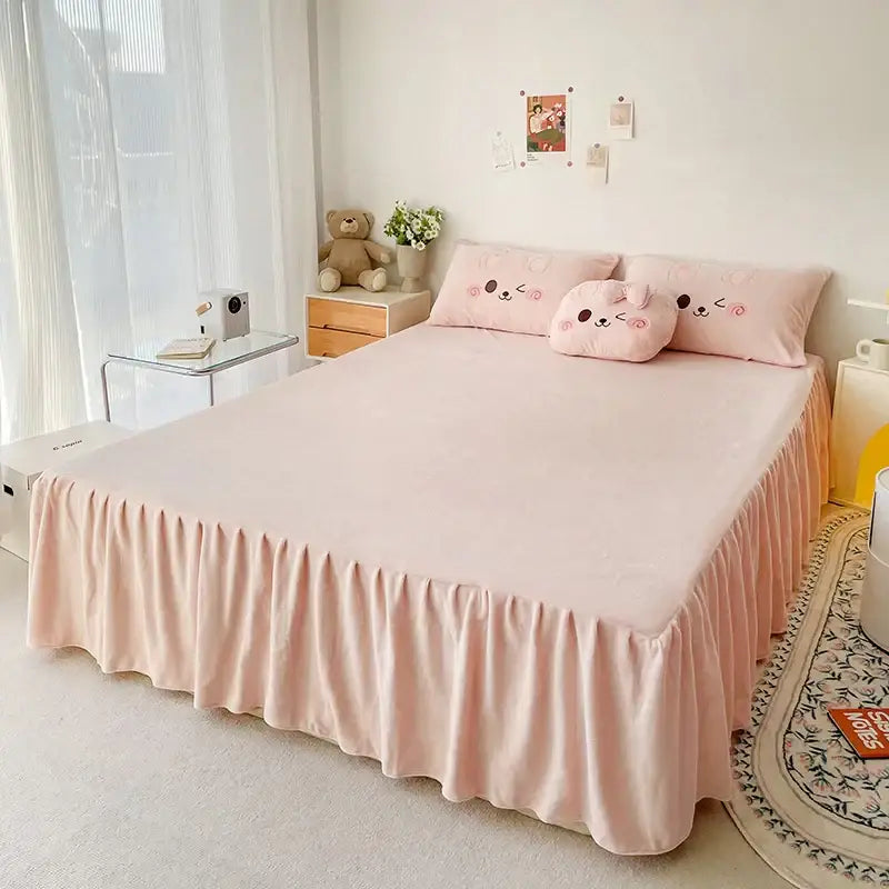 Pink ruffled bed skirt with plush texture in decorbites cartoon rabbit applique bedding set for bedroom comfort