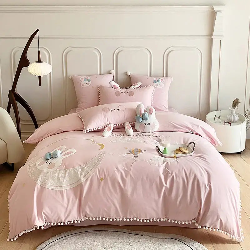 Pink cartoon rabbit moon cotton bedding set with embroidered details and pom pom trim for bedroom decorbites cartoon rabbit