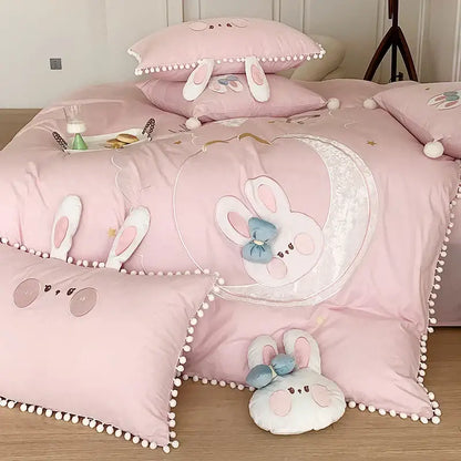 Pink cartoon rabbit moon cotton bedding set with embroidered details and pom pom trim for bedroom decorbites cartoon rabbit