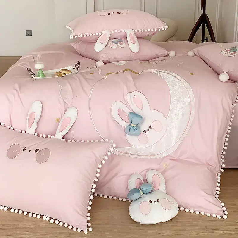 Pink cartoon rabbit moon cotton bedding set with embroidered details and pom pom trim for bedroom decorbites cartoon rabbit