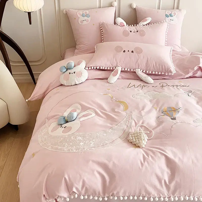Pink cartoon rabbit moon cotton bedding set with embroidered details and pom pom trim for bedroom decorbites cartoon rabbit