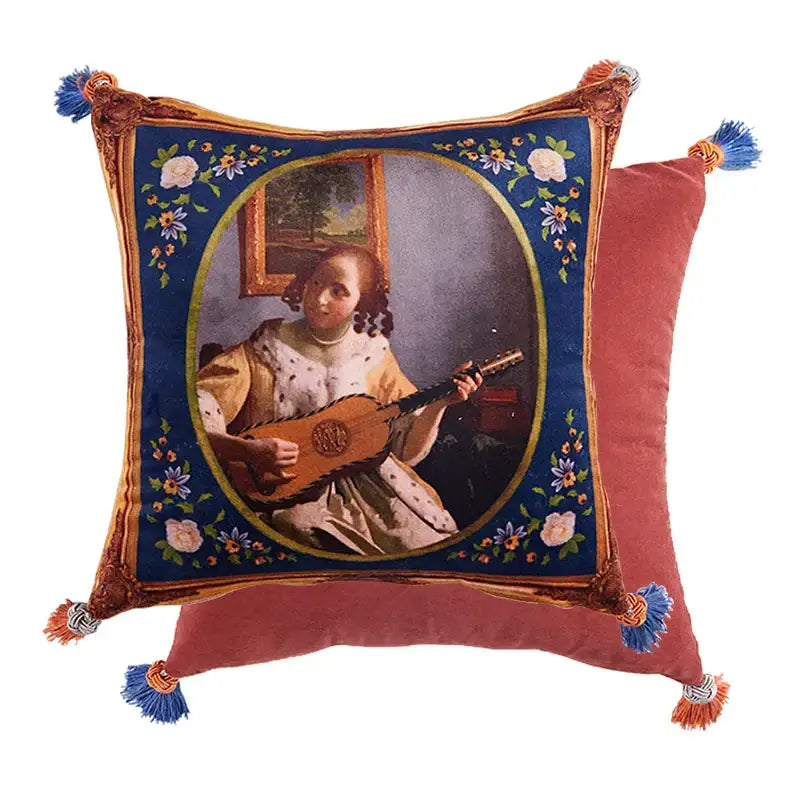 Square print velvet throw pillow case with embroidered woman playing lute on deep blue decorbites cat print design