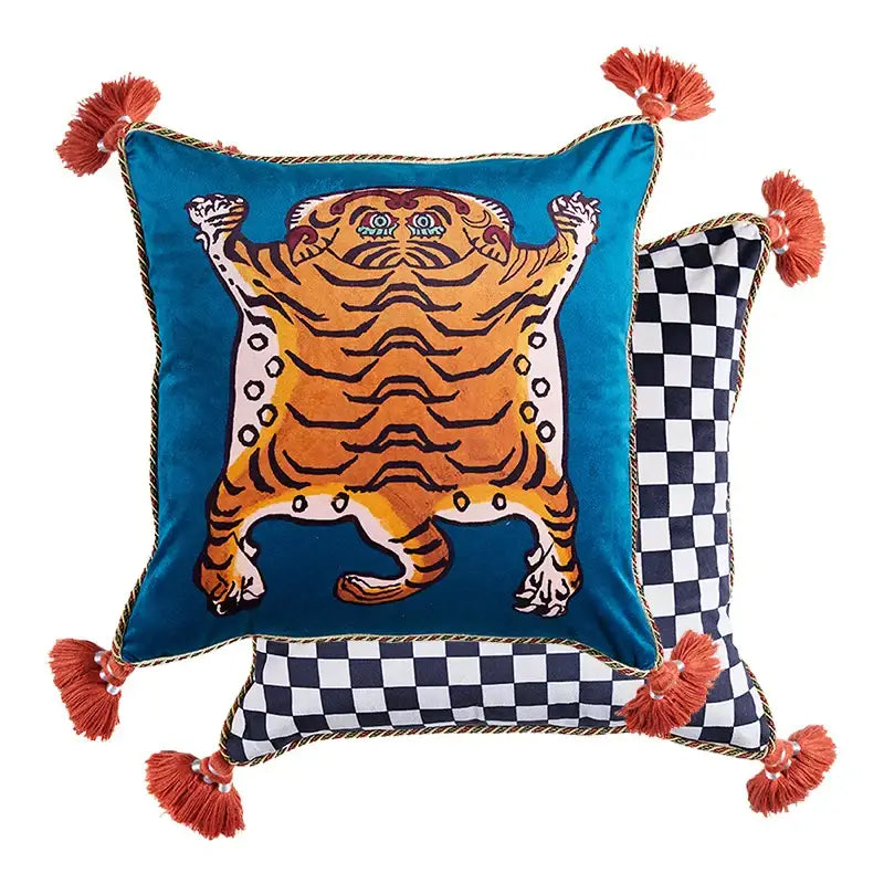 Vibrant teal cat print velvet throw pillow with bold orange tiger print and rust tassels for living room decorbites cat print