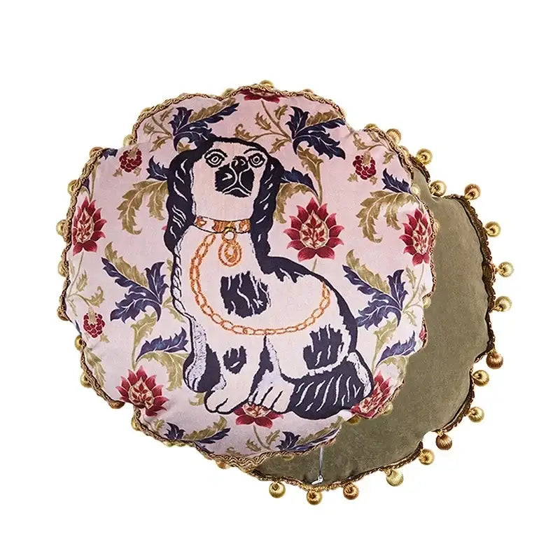 Pink cat print velvet throw pillow case featuring a black and white dog illustration with gold tassels for living room decorbites cat print