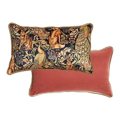 Rectangular print velvet throw pillow with rabbit and peacock tapestry on dark background for living room decorbites cat print