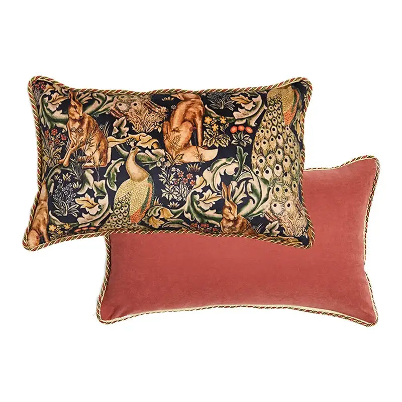 Rectangular print velvet throw pillow with rabbit and peacock tapestry on dark background for living room decorbites cat print