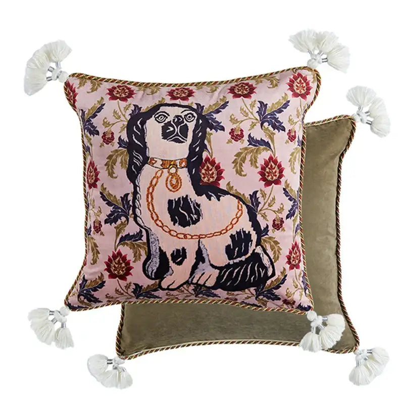 Pink cat print velvet throw pillow case featuring an embroidered black and white dog with tassels for living room decorbites cat print