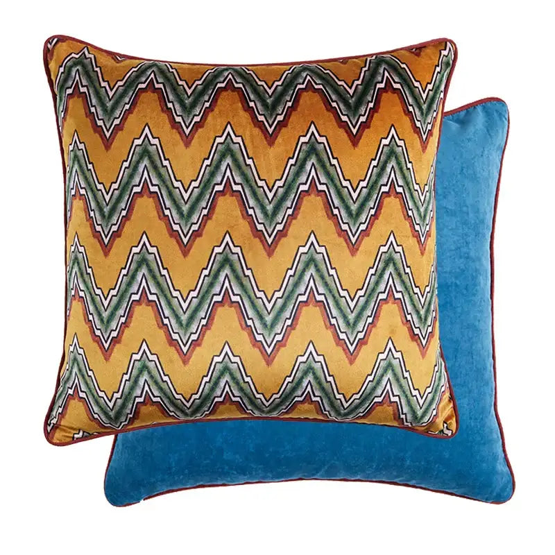 Vibrant orange velvet cushion with bold green white rust zigzag pattern and blue backing for living room decorbites cat print velvet throw