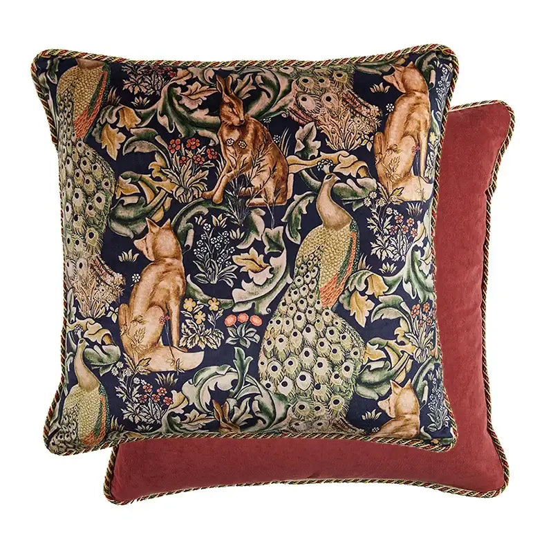 Square tapestry cushion with foxes and peacocks on navy background matching pink cat print velvet throw pillow case decorbites cat print