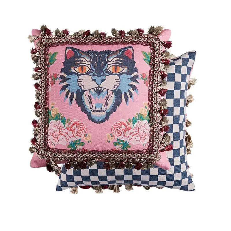 Pink cat print velvet throw pillow case with bold embroidered tiger face and tassels for living room decorbites cat print