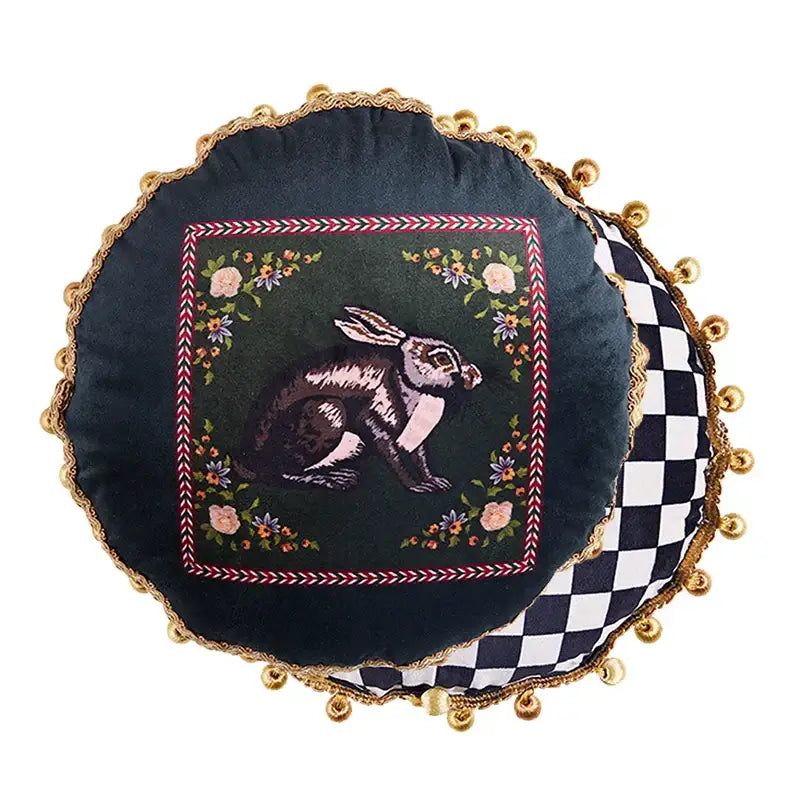 Dark green velvet round pillow with embroidered rabbit floral frame and gold tassels for decorbites cat print velvet throw