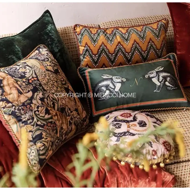 Dark green velvet cushion with embroidered white rabbits and gold-trimmed border for decorbites cat print velvet decor