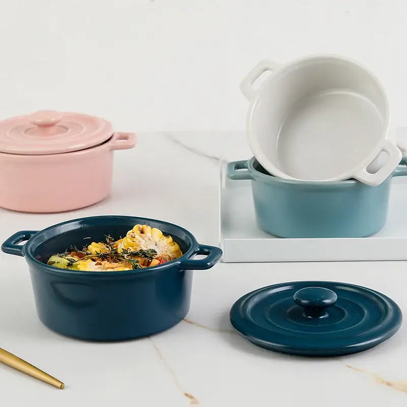 Deep blue ceramic mini soup ramekin with lid and handles glossy finish from decorbites ceramic mini cookware