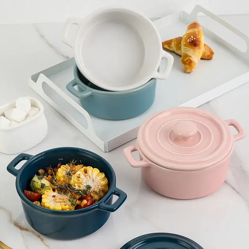 Pastel pink decorbites ceramic mini soup bowl with lid and two small handles ideal for kitchen cookware and desserts