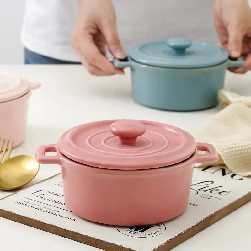 Pink ceramic mini soup bowl with matching lid and handles from decorbites ceramic mini kitchen cookware collection