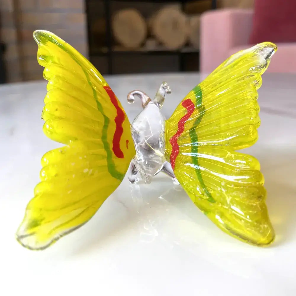 Vibrant yellow glass crystal butterfly figurine with red and green stripes for bedroom decorbites crystal butterfly decor