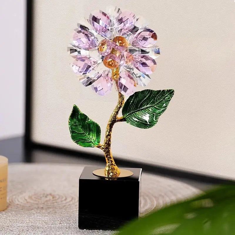 Delorbites crystal sunflower metal sculpture with delicate pink and clear crystal petals and gold stem for home decor