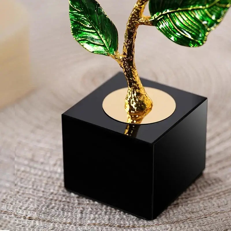Glossy gold and emerald green metallic rose tree figurine on black base with gold accent for home decor by decorbites crystal sunflower