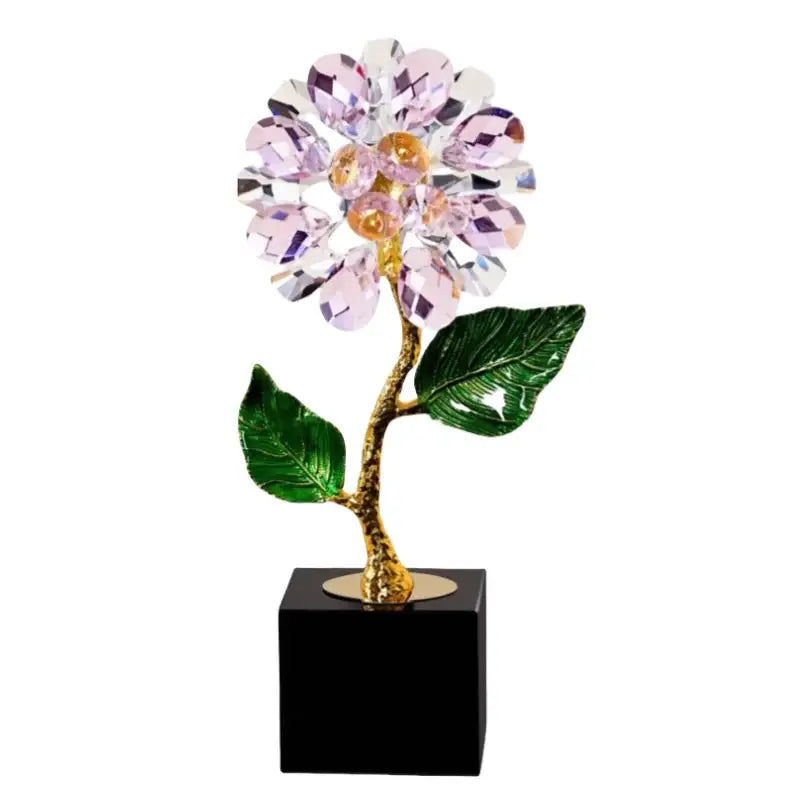 Pink and clear crystal sunflower metal sculpture with green leaves on gold stem for elegant home decor by decorbites crystal sunflower