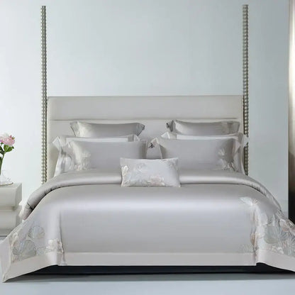 Silver satin bedding set with delicate decorbites cotton flowers embroidery for elegant bedroom decor
