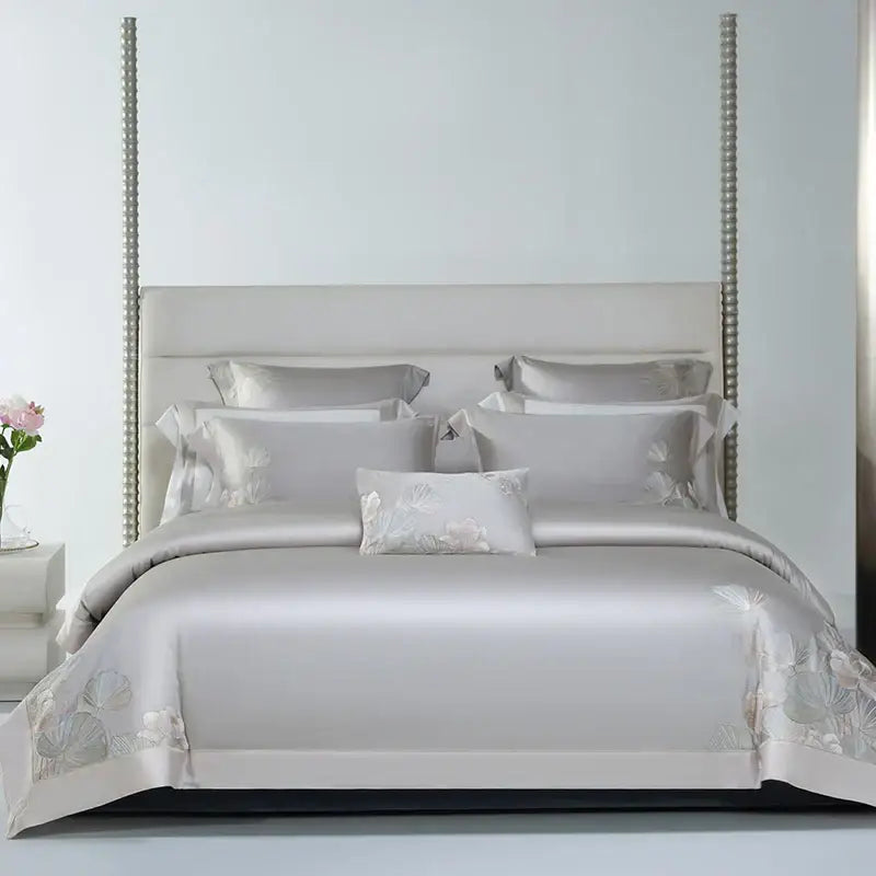 Silver satin bedding set with delicate decorbites cotton flowers embroidery for elegant bedroom decor