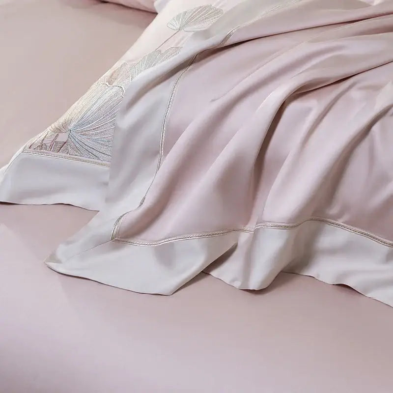 Delicate blush pink satin pillowcase with silver thread lotus leaves embroidery in decorbites cotton flowers bedding set