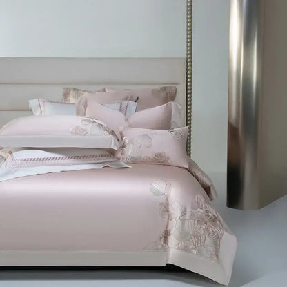 Luxurious blush pink satin bedding set with decorbites cotton flowers embroidery for elegant bedroom decor