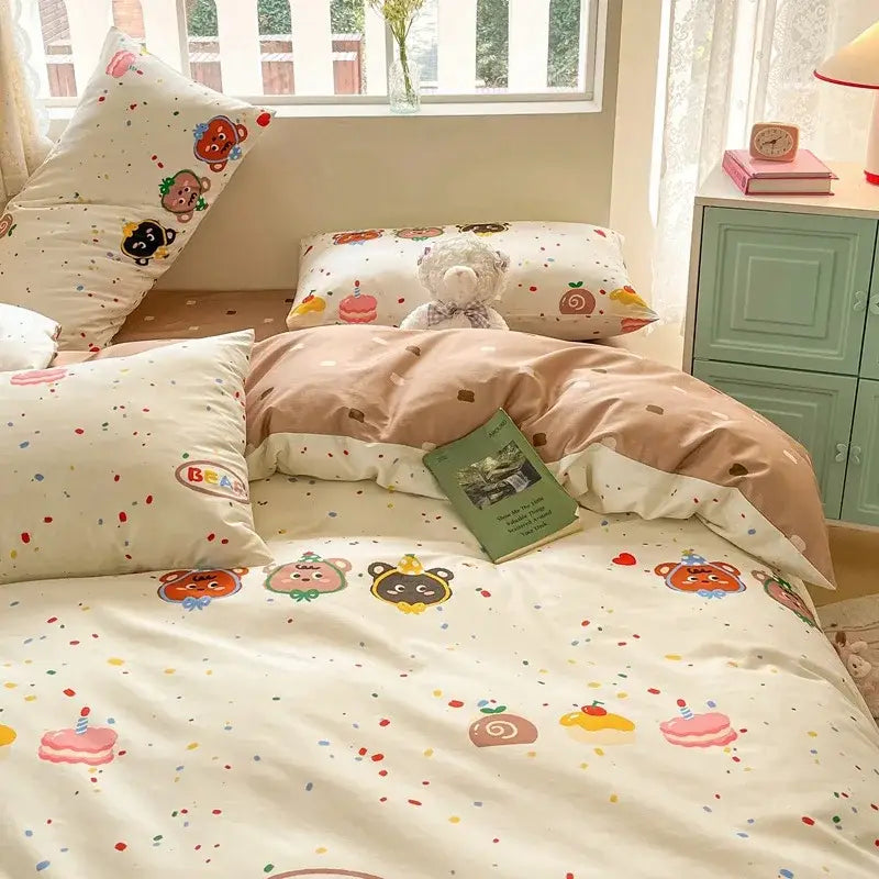 Pink and cream cotton cartoon printed bed set featuring pastel bear and dessert-themed decorbites cotton cartoon fabric
