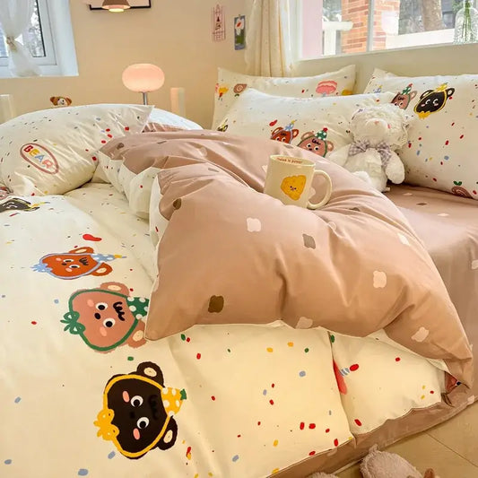 Pink and cream cotton cartoon printed bed set featuring bear-themed decorbites cotton cartoon characters and speckled patterns