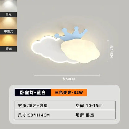 A blue and white cloud-shaped ceiling lamp with crown detail and three color-changing led options for decorbites cream clouds