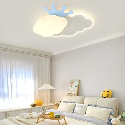 Light blue crown-shaped ceiling lamp with soft glowing cream clouds rainbow design for bedroom decorbites decor