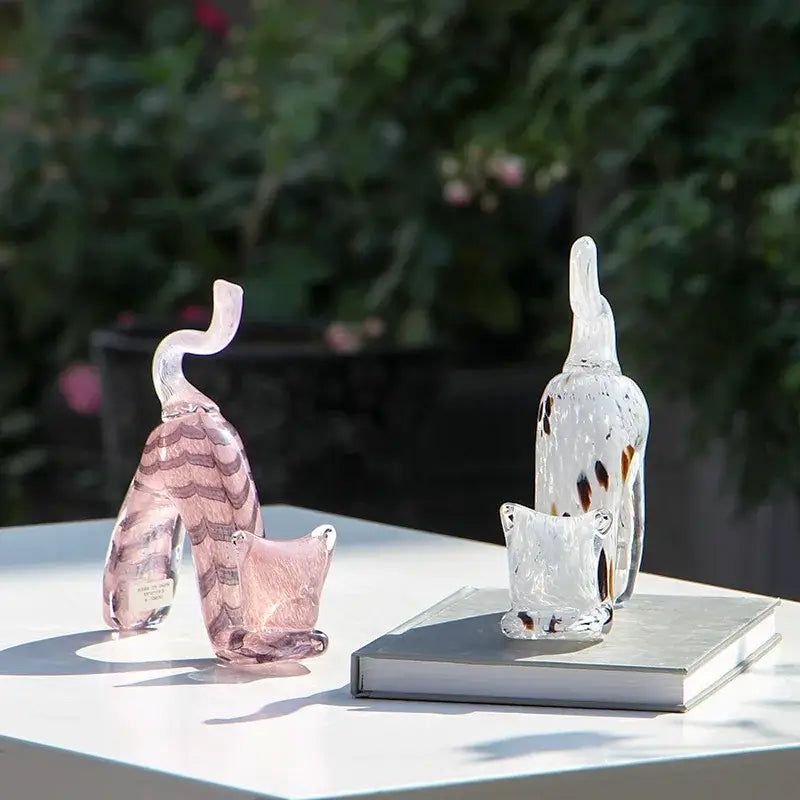 Pink crystal cat figurine with wavy translucent stripes and curved tail decorbites crystal cat for living room decor