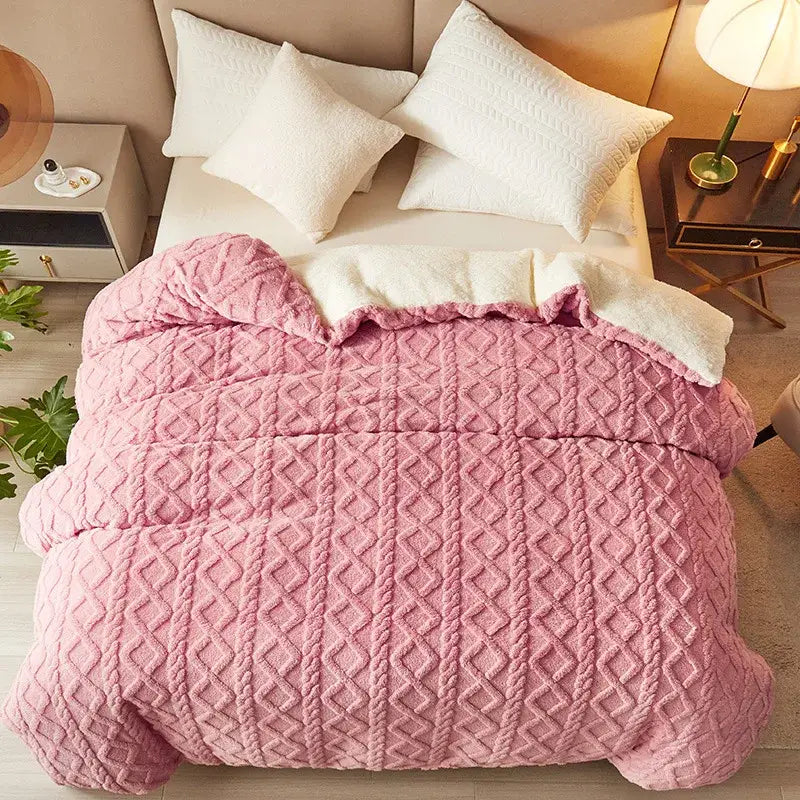 Pink diamond cashmere duvet cover with plush quilt diamond texture and white sherpa lining by decorbites dual