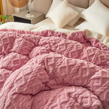 Pink plush throw blanket with textured diamond pattern complements decorbites dual cashmere duvet cover in bedroom decor