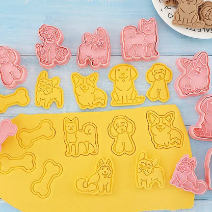 Set of pink and yellow colorful silicone dog and bone cookie cutters from decorbites 3d dog cookie cutters set
