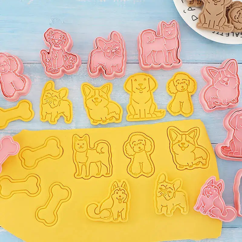 Set of pink and yellow colorful silicone dog and bone cookie cutters from decorbites 3d dog cookie cutters set