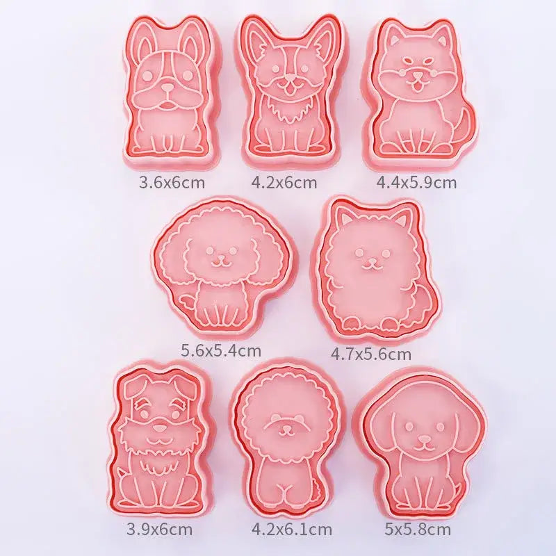 Set of seven pink silicone dog cookie cutters set in various breeds from decorbites 3d dog biscuit molds