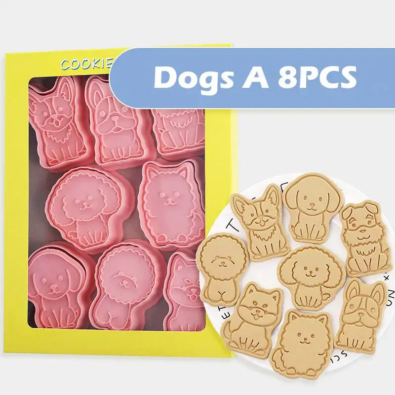 Pink silicone dog and cat cookie cutters set with matching baked cookies in yellow box decorbites 3d dog biscuit molds
