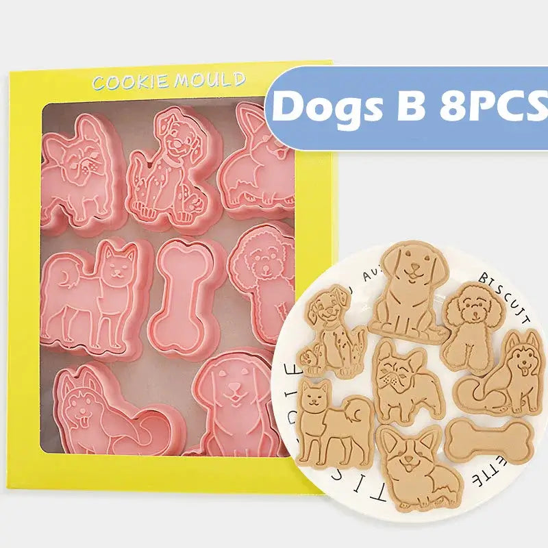 Pink silicone dog cookie cutters set with eight bone and dog shapes for 3d biscuit molds by decorbites 3d dog