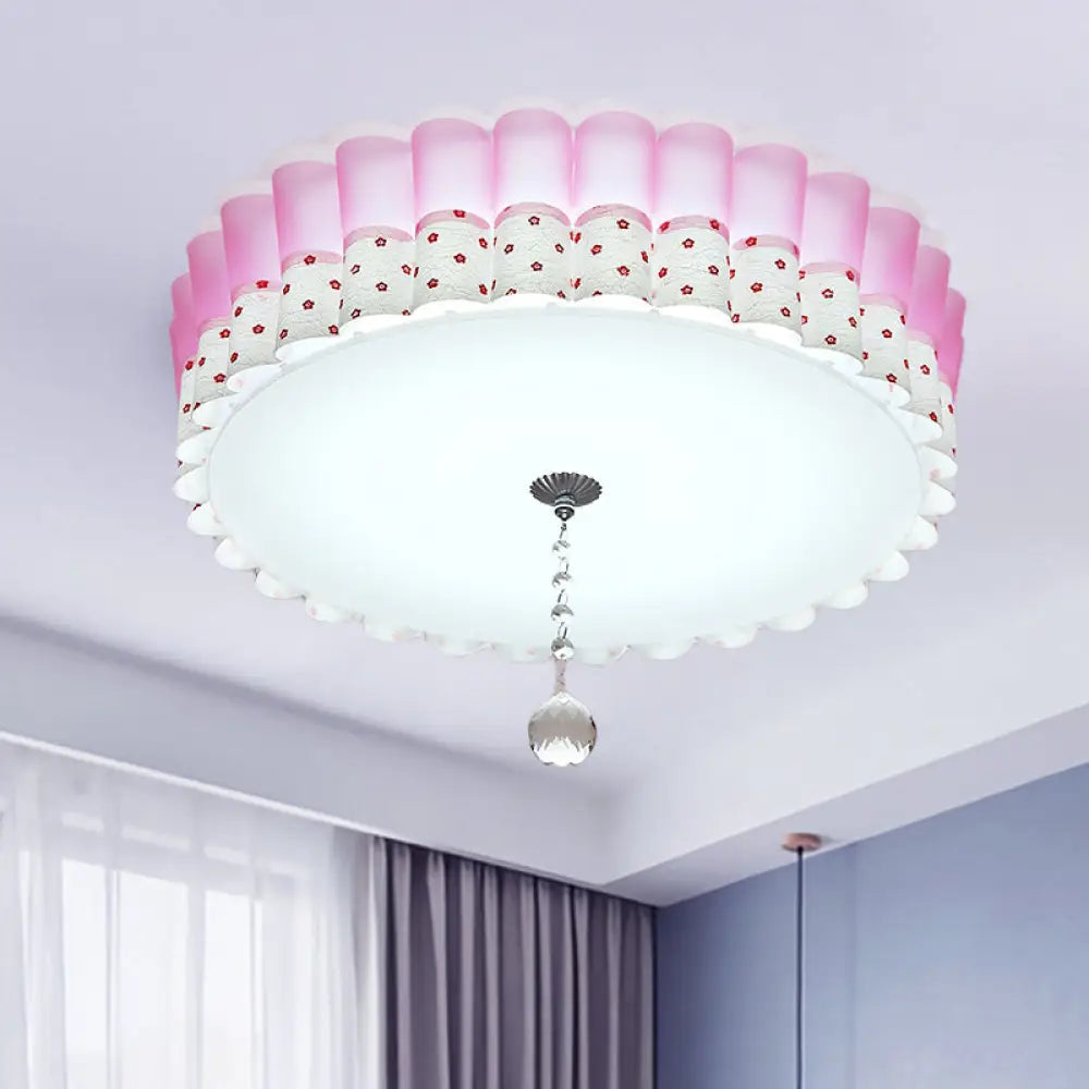 DecorBites™ DecorBites™ Pink Drum Flush Mount Ceiling Light with Acrylic LED, Wavy Trim, and Crystal Ball - Pastoral Bedroom Lighting