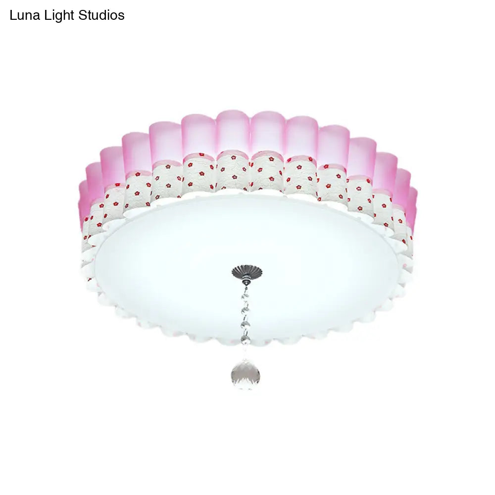 DecorBites™ DecorBites™ Pink Drum Flush Mount Ceiling Light with Acrylic LED, Wavy Trim, and Crystal Ball - Pastoral Bedroom Lighting