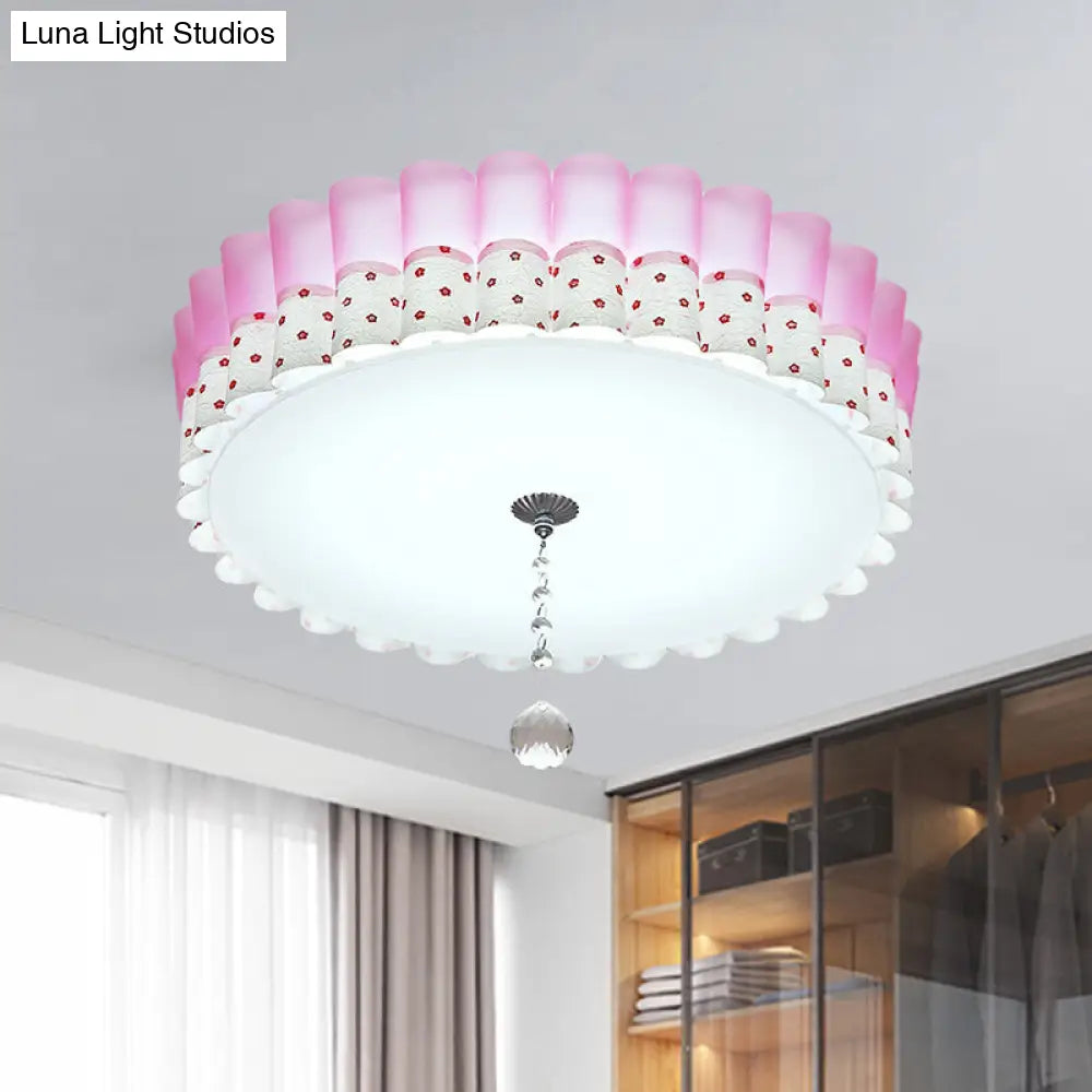 DecorBites™ DecorBites™ Pink Drum Flush Mount Ceiling Light with Acrylic LED, Wavy Trim, and Crystal Ball - Pastoral Bedroom Lighting