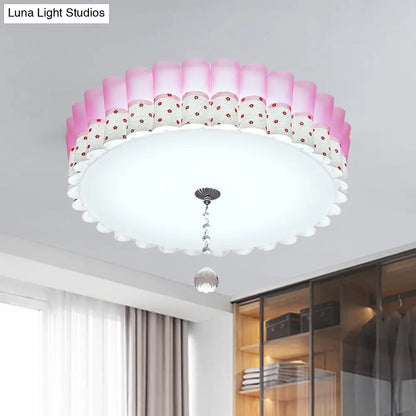 DecorBites™ DecorBites™ Pink Drum Flush Mount Ceiling Light with Acrylic LED, Wavy Trim, and Crystal Ball - Pastoral Bedroom Lighting