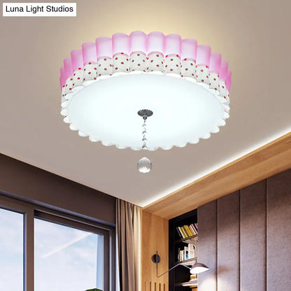 DecorBites™ DecorBites™ Pink Drum Flush Mount Ceiling Light with Acrylic LED, Wavy Trim, and Crystal Ball - Pastoral Bedroom Lighting