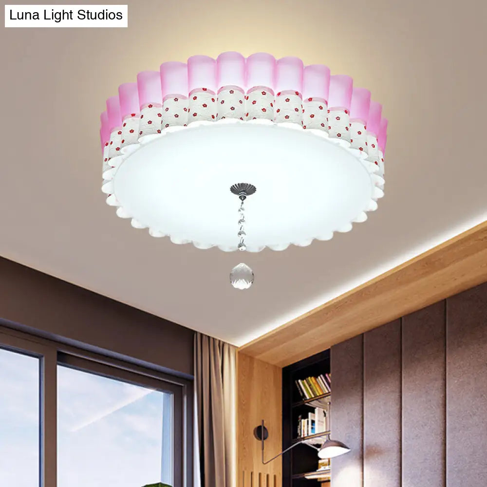 DecorBites™ DecorBites™ Pink Drum Flush Mount Ceiling Light with Acrylic LED, Wavy Trim, and Crystal Ball - Pastoral Bedroom Lighting