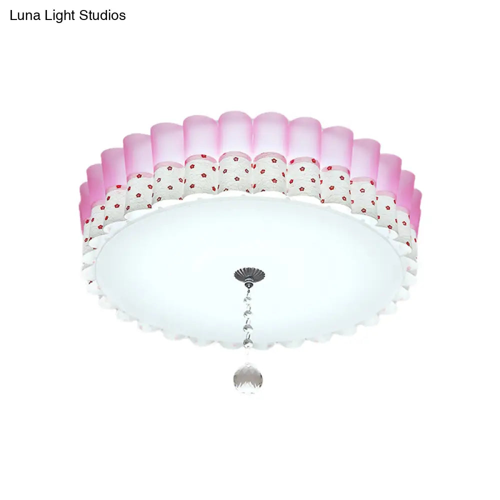 DecorBites™ DecorBites™ Pink Drum Flush Mount Ceiling Light with Acrylic LED, Wavy Trim, and Crystal Ball - Pastoral Bedroom Lighting
