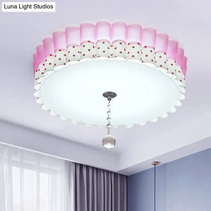 DecorBites™ DecorBites™ Pink Drum Flush Mount Ceiling Light with Acrylic LED, Wavy Trim, and Crystal Ball - Pastoral Bedroom Lighting