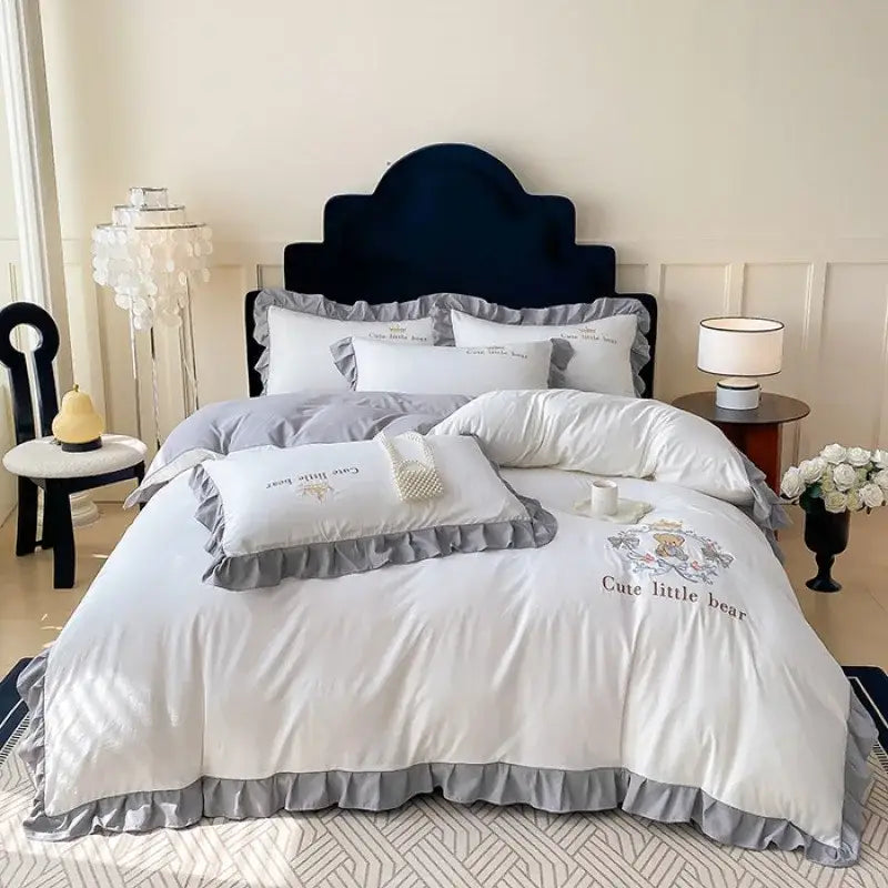 White and gray ruffled cotton bed skirt set with embroidered cute little bear design for bedroom bedding